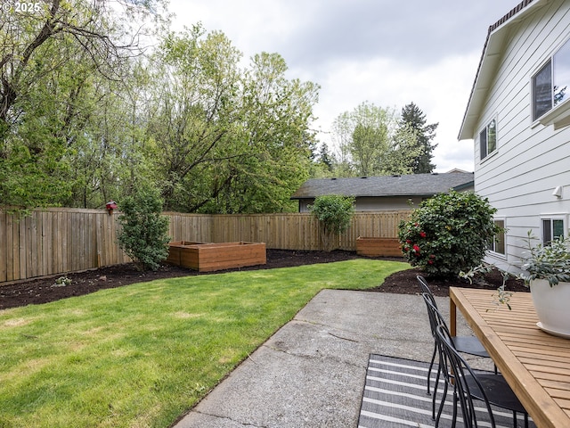 view of yard with a patio, a fenced backyard, and a vegetable garden