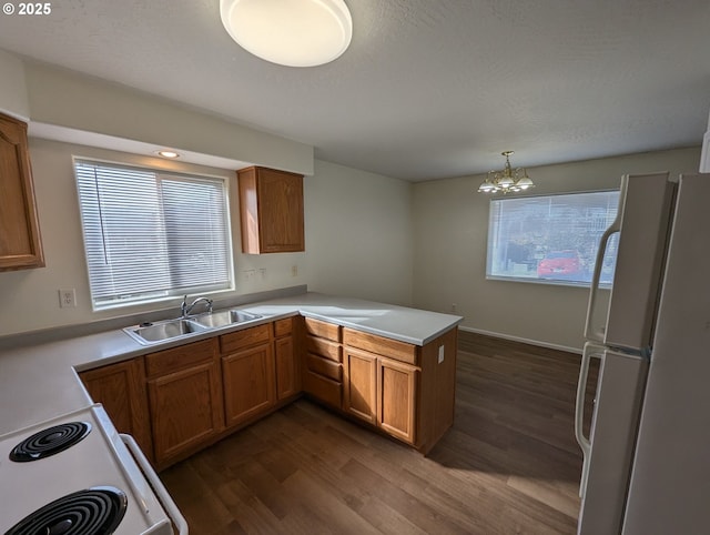 kitchen featuring dark wood-type flooring, a sink, a peninsula, and white appliances