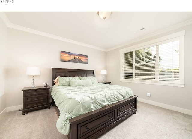 bedroom featuring light carpet, baseboards, visible vents, and crown molding