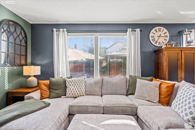 living room with a textured ceiling