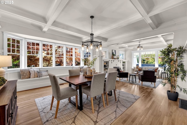 3136 NE 41st Ave, Portland, OR 97212 - dining room with coffered ceiling, a chandelier, light wood-type flooring, beam ceiling, and a fireplace