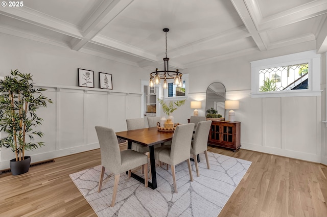 3136 NE 41st Ave, Portland, OR 97212 - dining area with a decorative wall, coffered ceiling, light wood finished floors, beam ceiling, and a chandelier