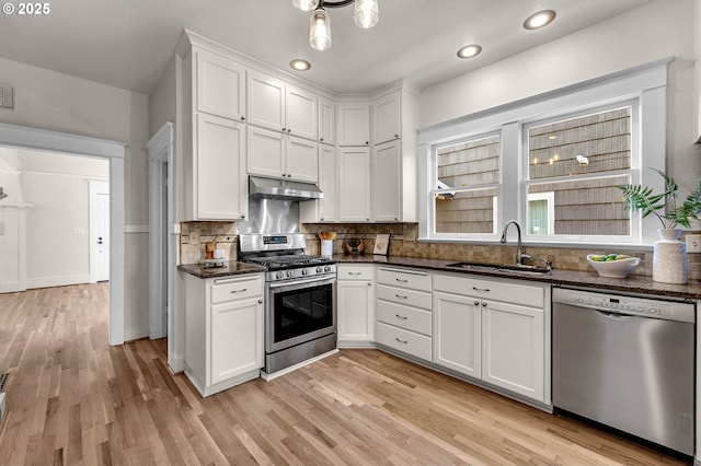 3136 NE 41st Ave, Portland, OR 97212 - kitchen with stainless steel appliances, under cabinet range hood, a sink, tasteful backsplash, and white cabinetry