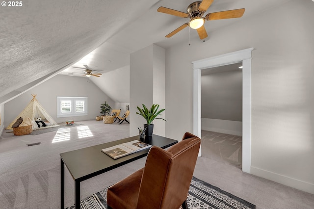 3136 NE 41st Ave, Portland, OR 97212 - carpeted home office with a ceiling fan, lofted ceiling, and baseboards