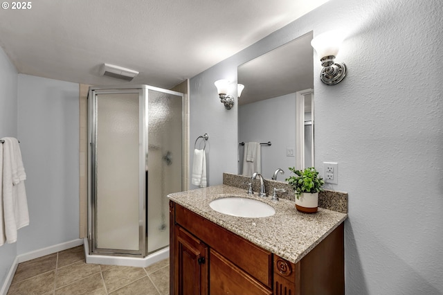 3136 NE 41st Ave, Portland, OR 97212 - full bathroom featuring vanity, a stall shower, tile patterned flooring, and baseboards