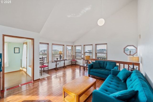 living area with wood-type flooring and high vaulted ceiling