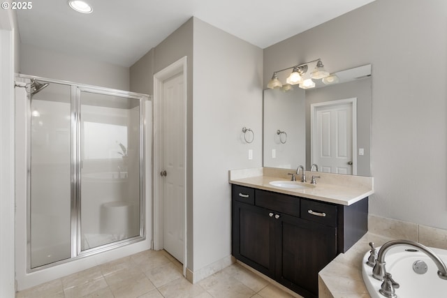 21890 SW 106th Ave, Tualatin, OR 97062 - full bathroom featuring a stall shower, vanity, tile patterned floors, and a bath