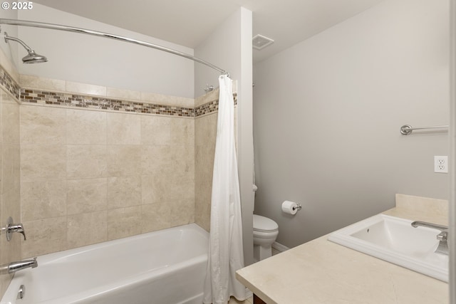 bathroom with shower / bath combo with shower curtain, visible vents, toilet, and vanity