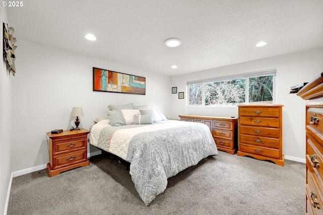 bedroom featuring recessed lighting, baseboards, and light carpet