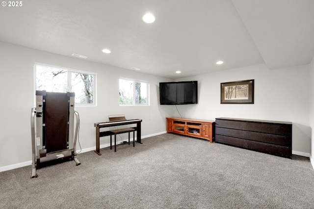 sitting room featuring recessed lighting, baseboards, and carpet floors