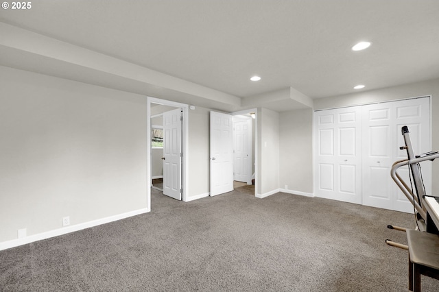 workout area with recessed lighting, baseboards, and carpet floors