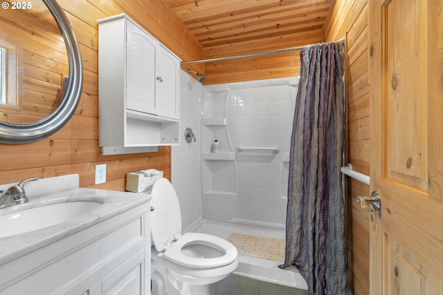 full bathroom featuring toilet, a stall shower, wooden ceiling, and wooden walls