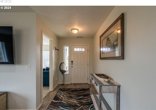 entryway featuring visible vents, a textured ceiling, baseboards, and wood finished floors