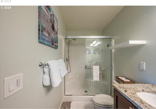 bathroom with toilet, a shower stall, and vanity