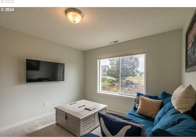 living room featuring carpet floors, baseboards, visible vents, and a textured ceiling