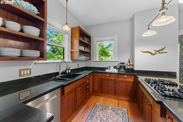 2325 A St, Forest Grove, OR 97116 - kitchen with gas stovetop, open shelves, a sink, light wood finished floors, and healthy amount of natural light