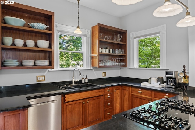 2325 A St, Forest Grove, OR 97116 - kitchen with open shelves, stainless steel dishwasher, a sink, dark countertops, and brown cabinetry