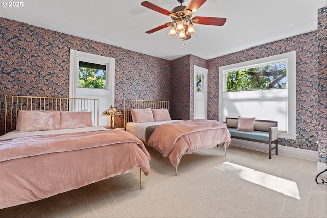 2325 A St, Forest Grove, OR 97116 - carpeted bedroom with multiple windows, wallpapered walls, and a ceiling fan