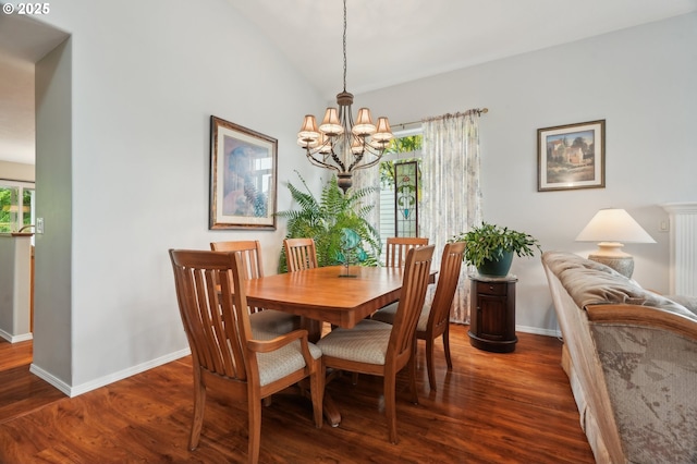 4709 SE Antelope Hills Dr, Gresham, OR 97080 - dining room featuring plenty of natural light, a chandelier, baseboards, dark wood-style floors, and vaulted ceiling