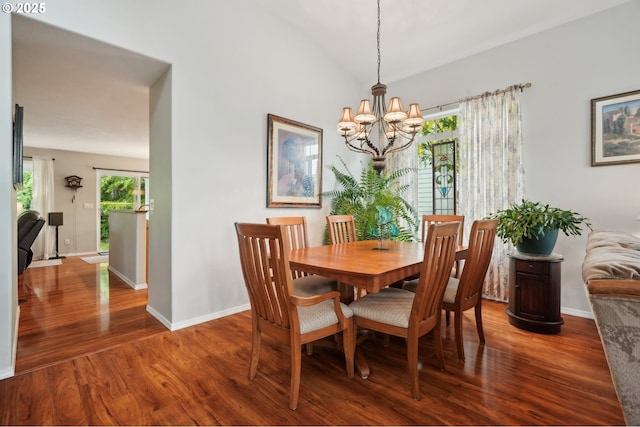 4709 SE Antelope Hills Dr, Gresham, OR 97080 - dining room with a chandelier, baseboards, wood finished floors, and vaulted ceiling