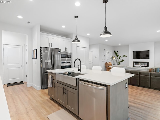 kitchen with appliances with stainless steel finishes, a glass covered fireplace, light wood-style floors, white cabinets, and a sink