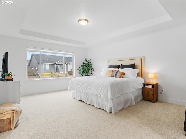 bedroom featuring carpet and a tray ceiling