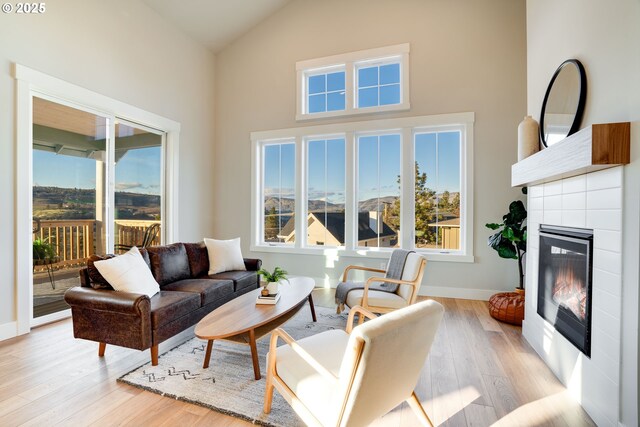 living room with light wood-type flooring, a tiled fireplace, and a wealth of natural light