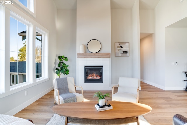 living area featuring a towering ceiling, light hardwood / wood-style flooring, and a healthy amount of sunlight