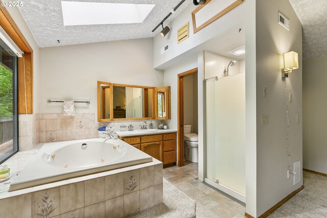 14216 NE 346th St, Battle Ground, WA 98604 - full bathroom with a skylight, a shower stall, toilet, vanity, and vaulted ceiling