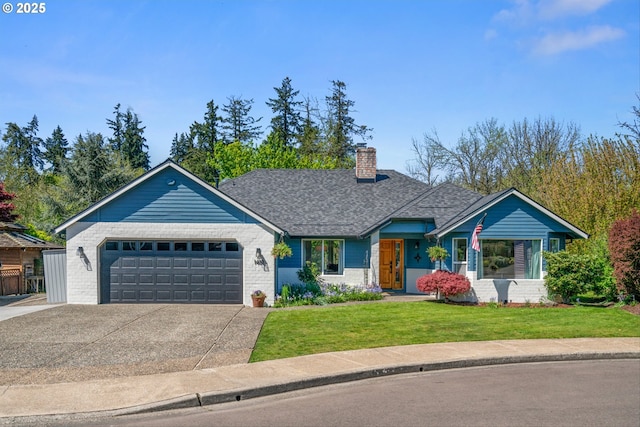 1433 SE 49th Ct, Hillsboro, OR 97123 - view of front of home featuring a shingled roof, a garage, a front yard, a chimney, and concrete driveway