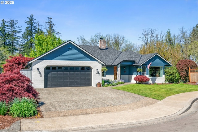 1433 SE 49th Ct, Hillsboro, OR 97123 - ranch-style home featuring a chimney, an attached garage, driveway, and a front yard