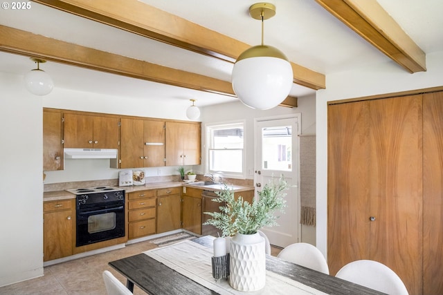 kitchen featuring beam ceiling, dishwasher, brown cabinetry, black electric range oven, and under cabinet range hood