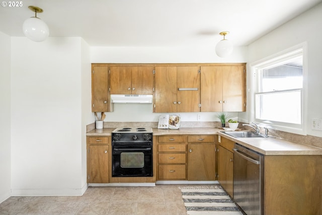 kitchen featuring stainless steel dishwasher, brown cabinetry, electric range, under cabinet range hood, and a sink