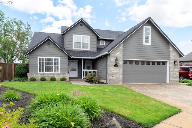 traditional home with roof with shingles, driveway, brick siding, covered porch, and a garage