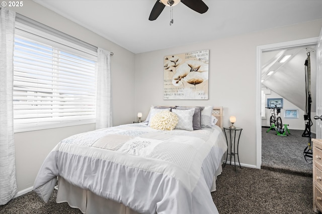 bedroom with carpet floors, baseboards, and ceiling fan