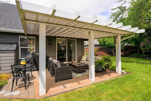 view of patio with an outdoor hangout area, a pergola, and grilling area