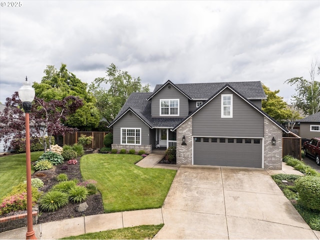view of front of property with brick siding, concrete driveway, an attached garage, and a shingled roof
