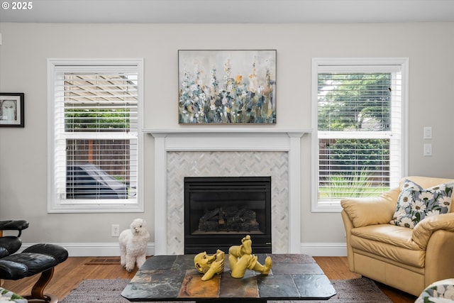 living area with wood finished floors, baseboards, and a glass covered fireplace