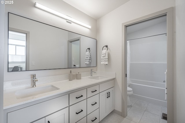 bathroom featuring a sink, tile patterned flooring, toilet, and double vanity