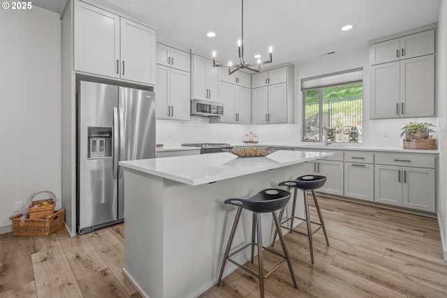 kitchen with light wood-style floors, decorative backsplash, a kitchen island, and stainless steel appliances