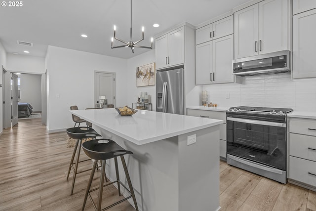 kitchen with a kitchen bar, a center island, light countertops, backsplash, and stainless steel appliances