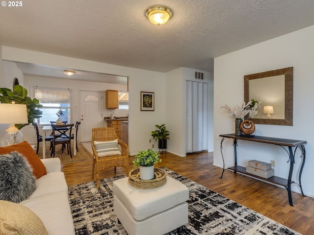 living room featuring wood finished floors, a textured ceiling, and baseboards