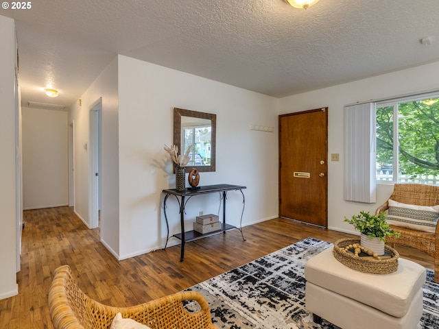 entrance foyer with wood finished floors, a textured ceiling, baseboards, and plenty of natural light