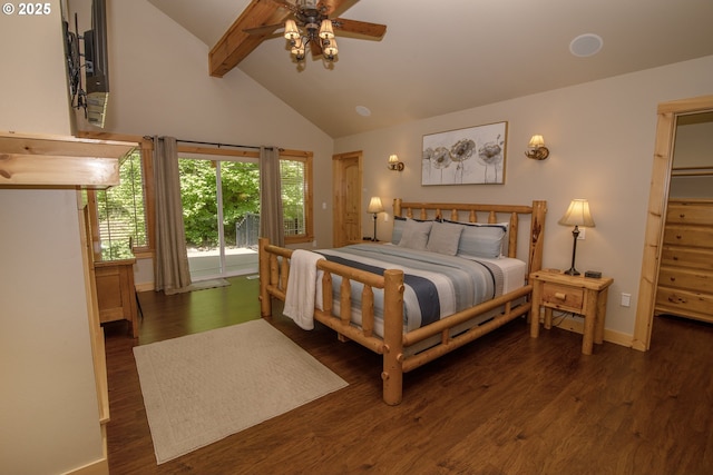 bedroom with access to exterior, wood finished floors, beam ceiling, high vaulted ceiling, and baseboards