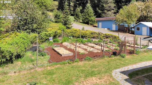 view of yard with a storage shed, an outbuilding, and a garden
