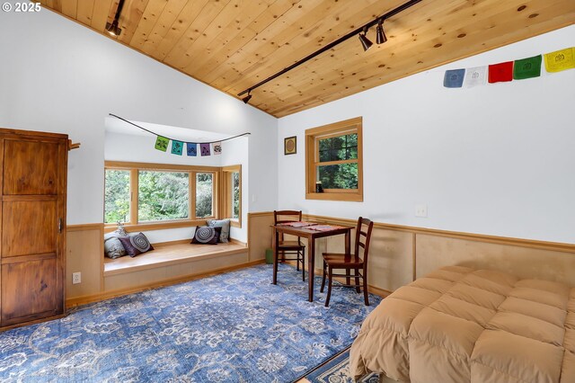 bedroom with rail lighting, wood ceiling, and high vaulted ceiling