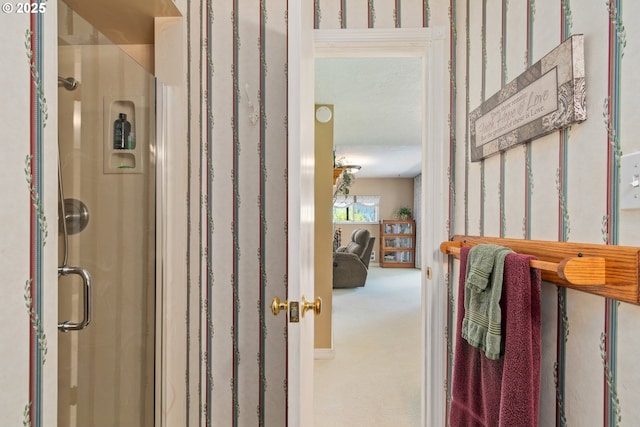 27023 Petzold Rd, Eugene, OR 97402 - bathroom featuring a shower stall and wallpapered walls