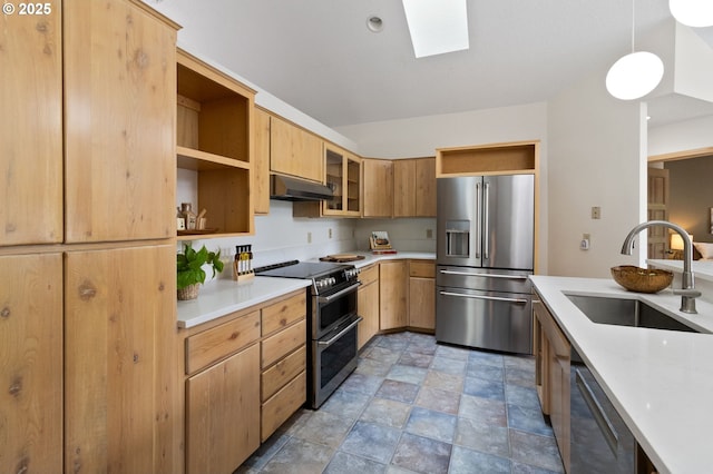 1249 Crenshaw Rd, Eugene, OR 97401 - kitchen with appliances with stainless steel finishes, open shelves, a sink, stone finish floors, and under cabinet range hood