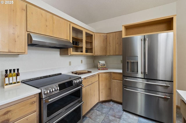 1249 Crenshaw Rd, Eugene, OR 97401 - kitchen featuring stainless steel appliances, under cabinet range hood, light countertops, and glass insert cabinets