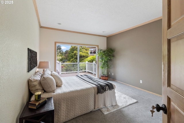 1249 Crenshaw Rd, Eugene, OR 97401 - carpeted bedroom featuring access to outside, ornamental molding, baseboards, a textured ceiling, and a textured wall